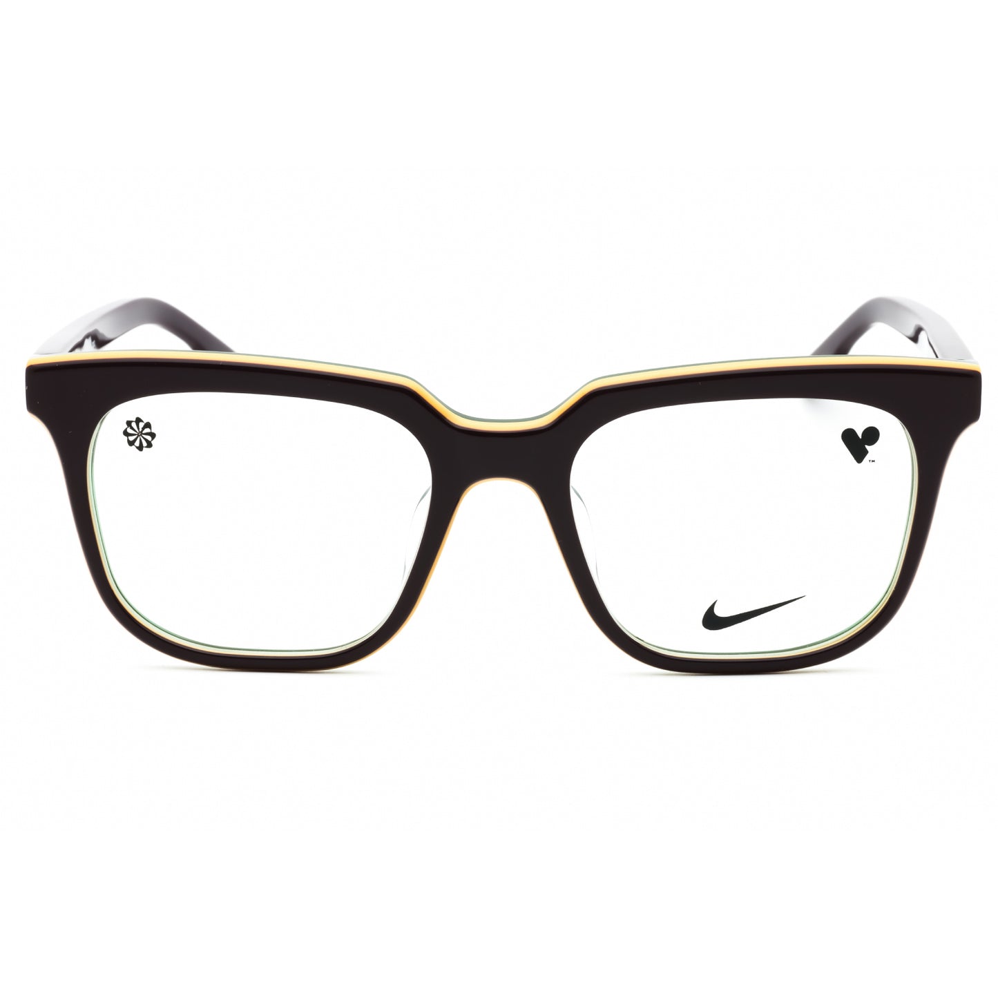 Black eyeglasses with a Nike logo on a white background