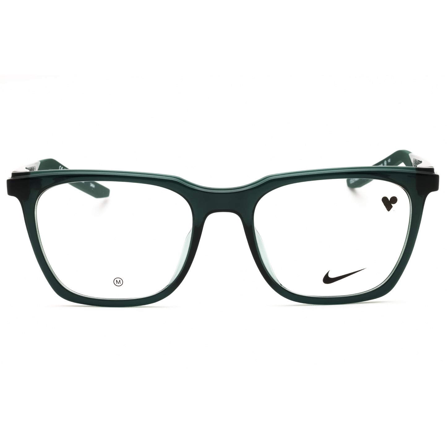 Green eyeglasses with Nike logo on a white background