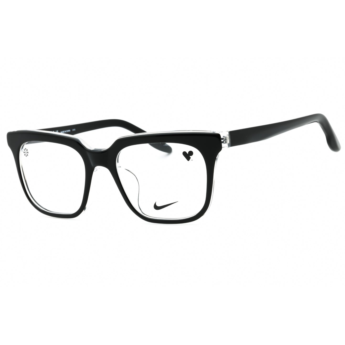 Black eyeglasses with a Nike logo on a white background