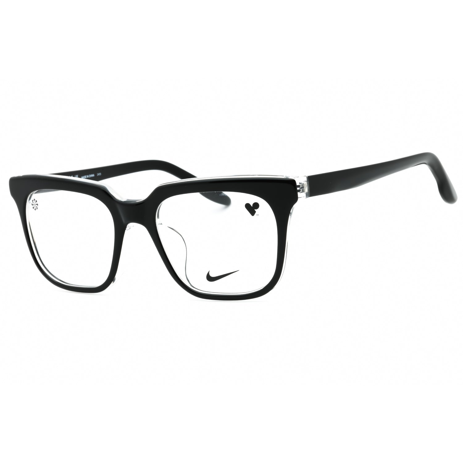 Black eyeglasses with a Nike logo on a white background