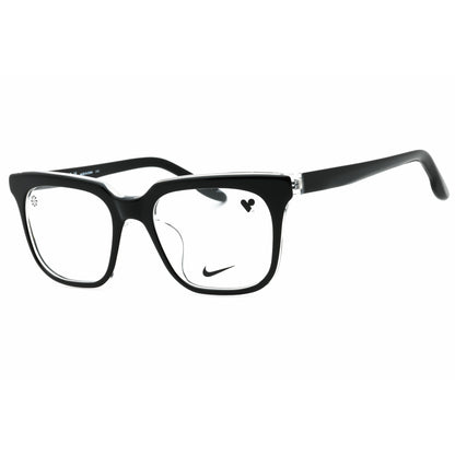 Black eyeglasses with a Nike logo on a white background