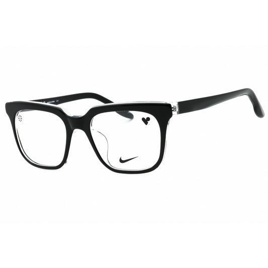 Black eyeglasses with a Nike logo on a white background