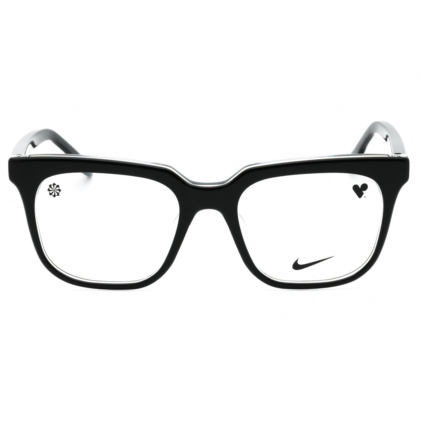 Black eyeglasses with a Nike logo on a white background