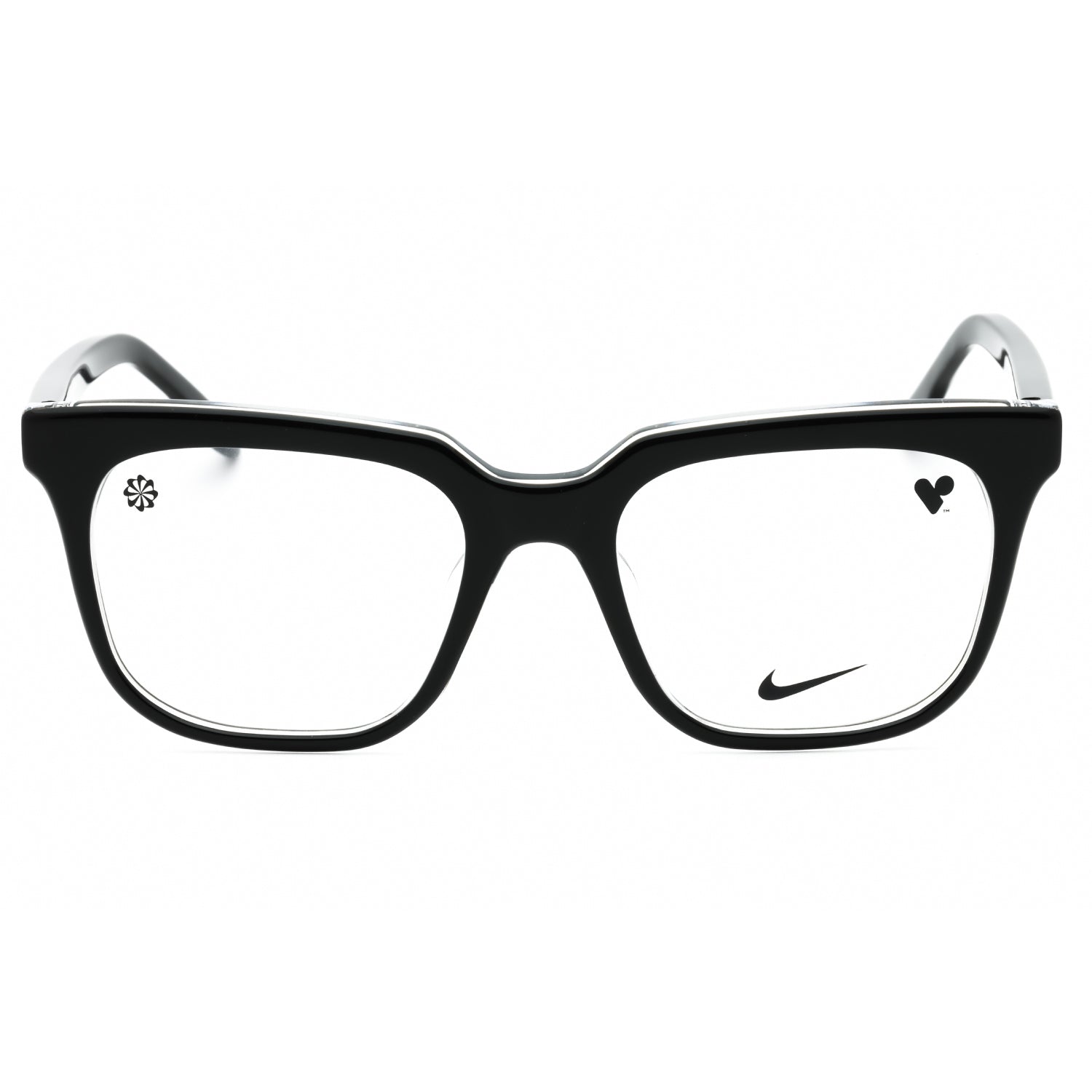 Black eyeglasses with a Nike logo on a white background