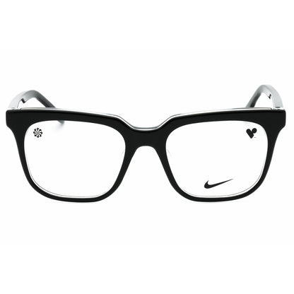 Black eyeglasses with a Nike logo on a white background