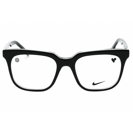 Black eyeglasses with a Nike logo on a white background