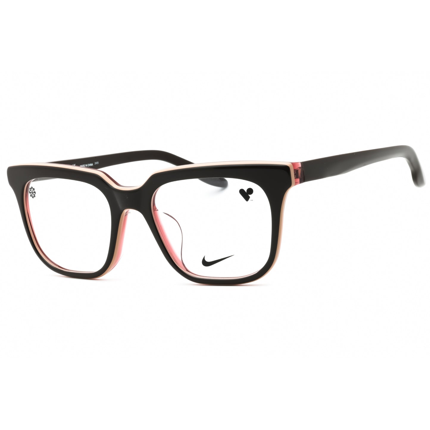 Black and red eyeglasses with Nike logo on a white background