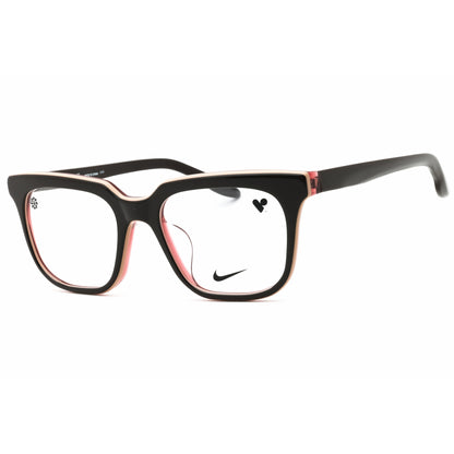 Black and red eyeglasses with Nike logo on a white background