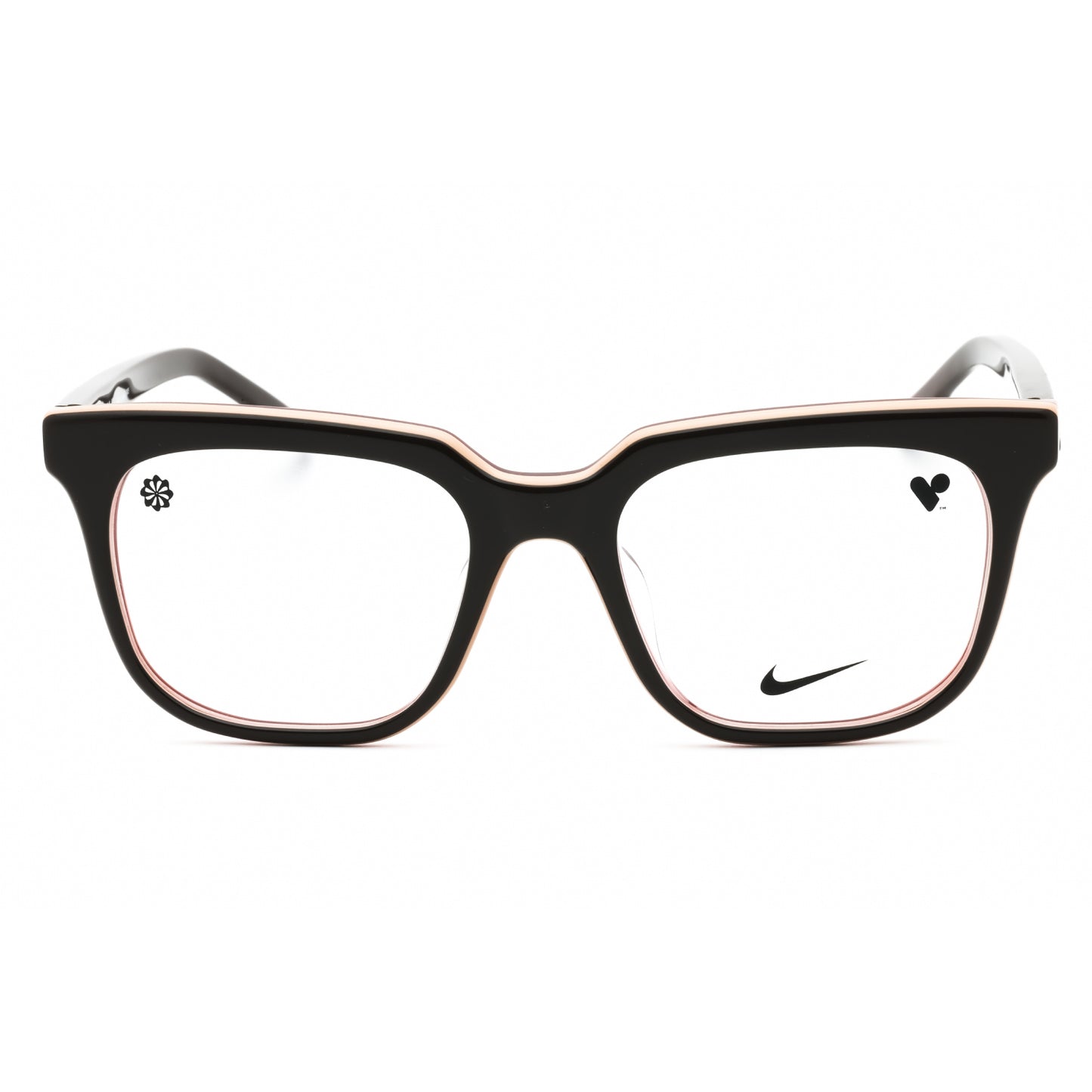 Black eyeglasses with Nike logo on a white background