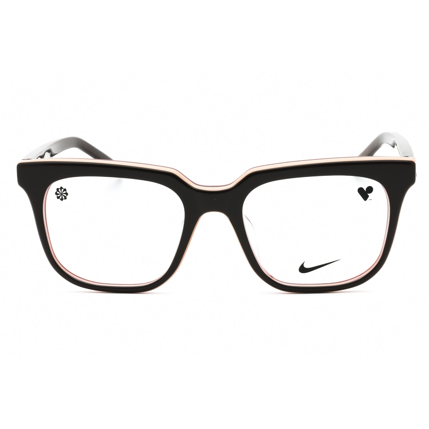 Black eyeglasses with Nike logo on a white background