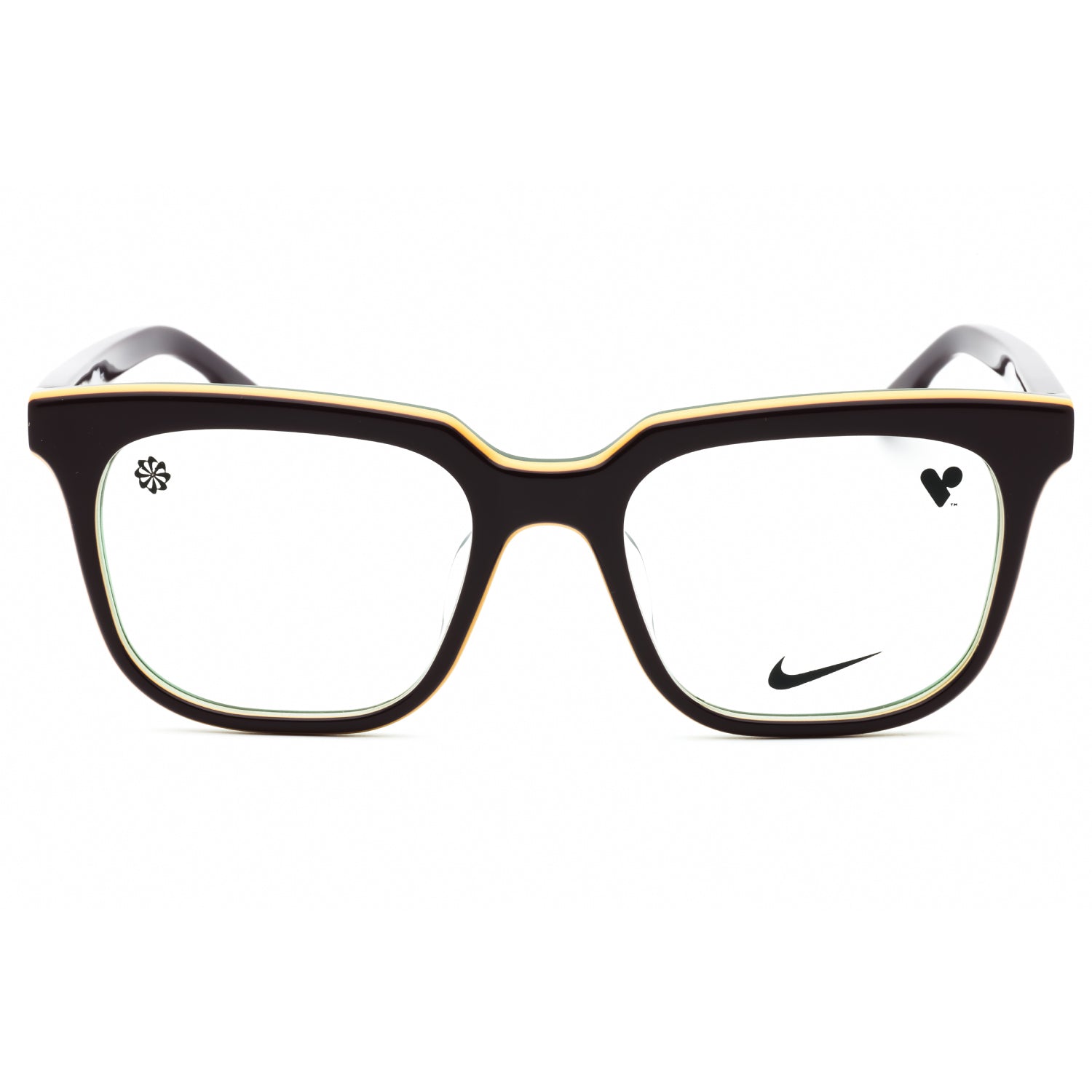 Black eyeglasses with a Nike logo on a white background