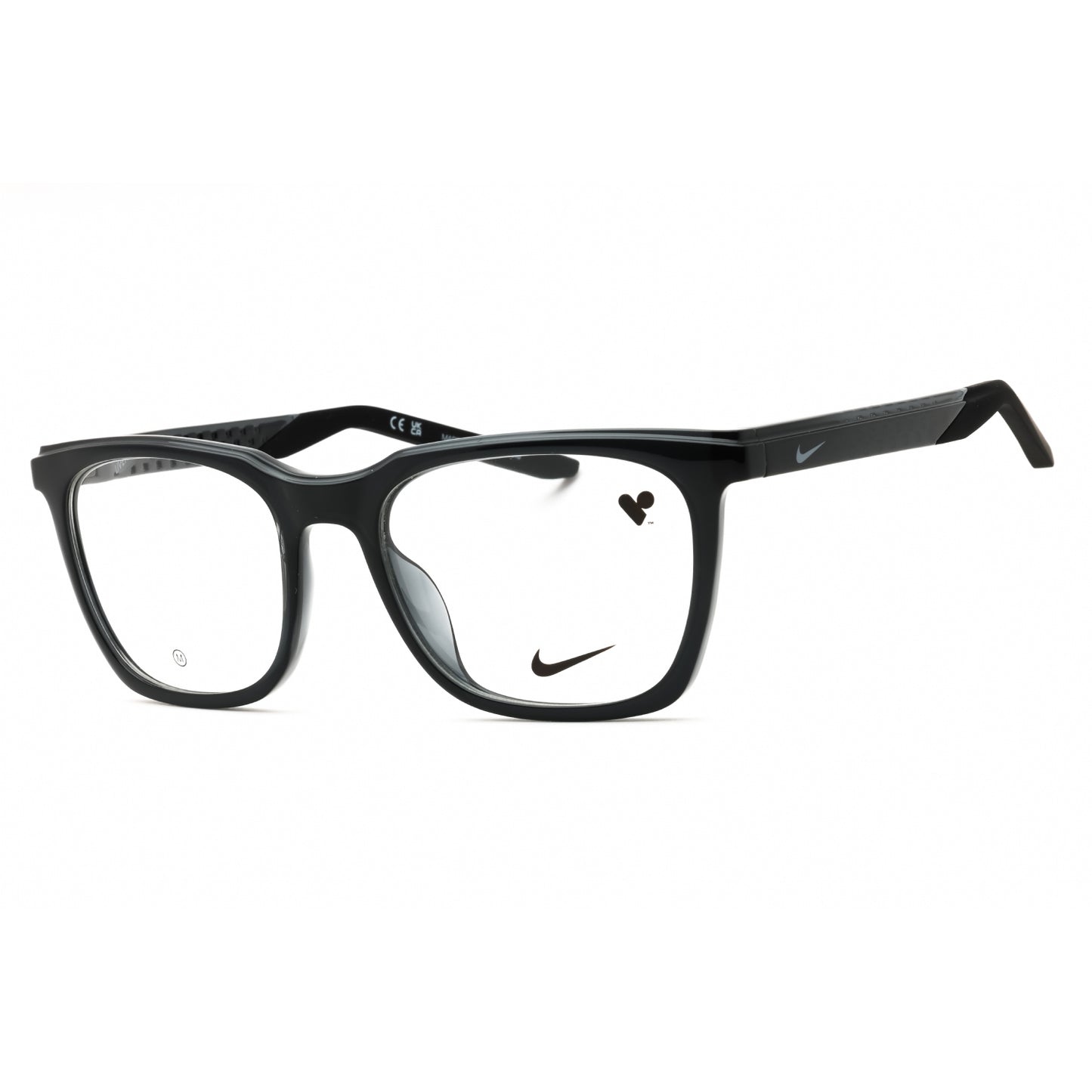 Black eyeglasses with Nike logo on a white background