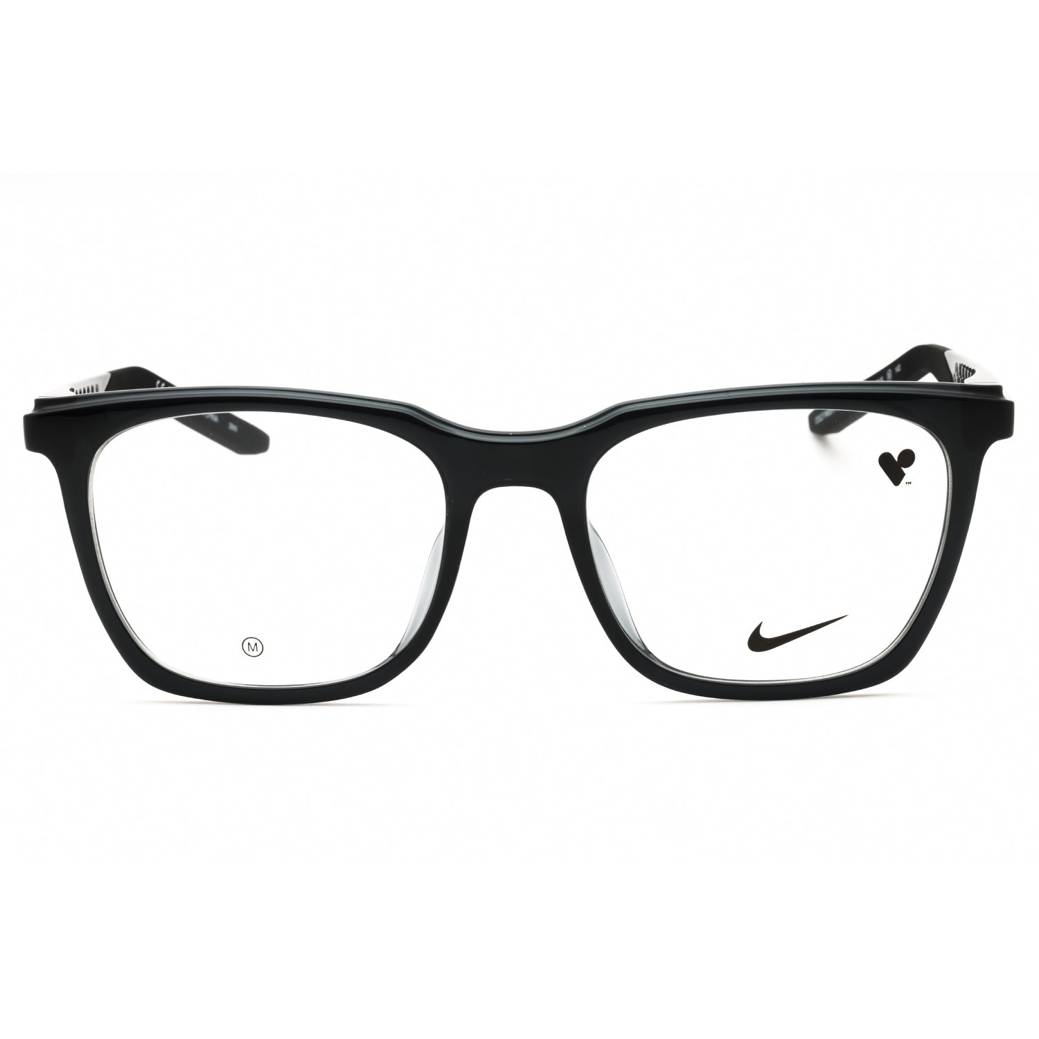 Black eyeglasses with a Nike logo on a white background