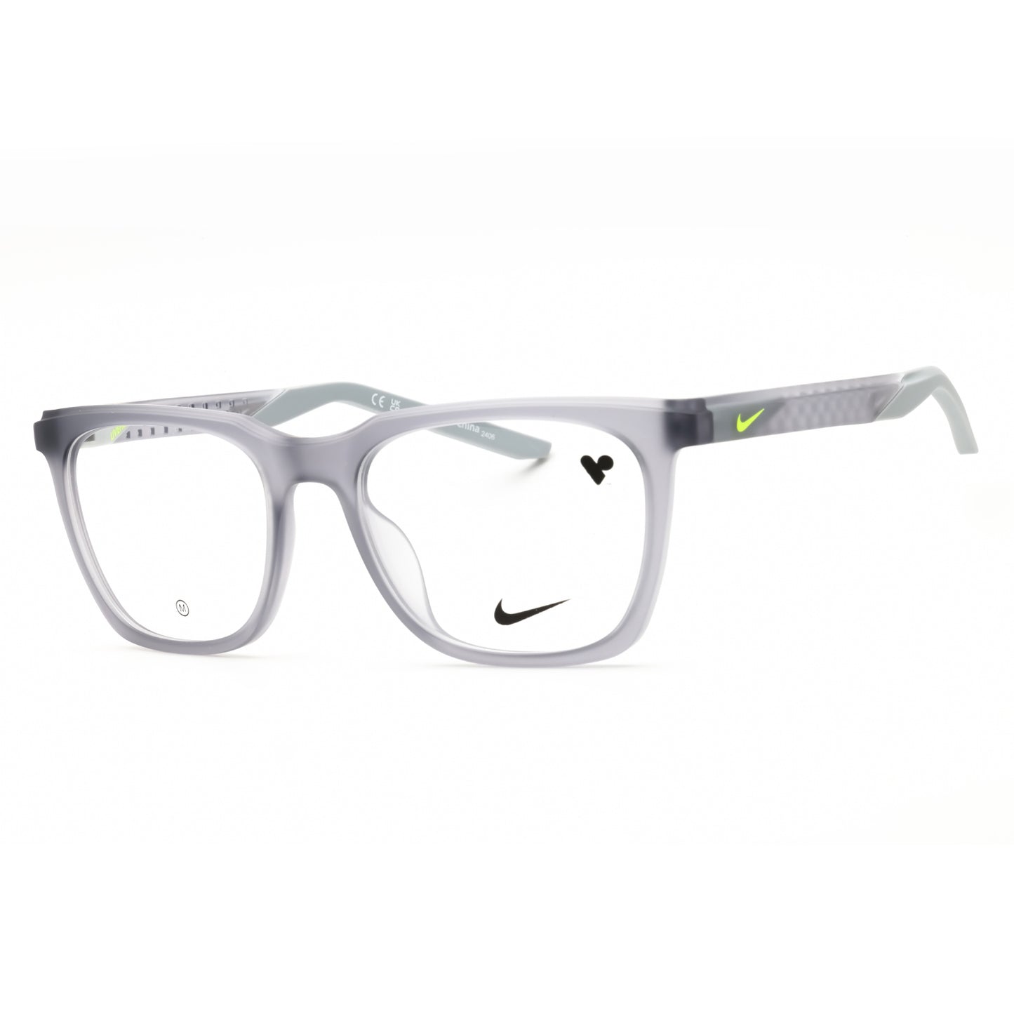Gray eyeglasses with Nike logo on a white background