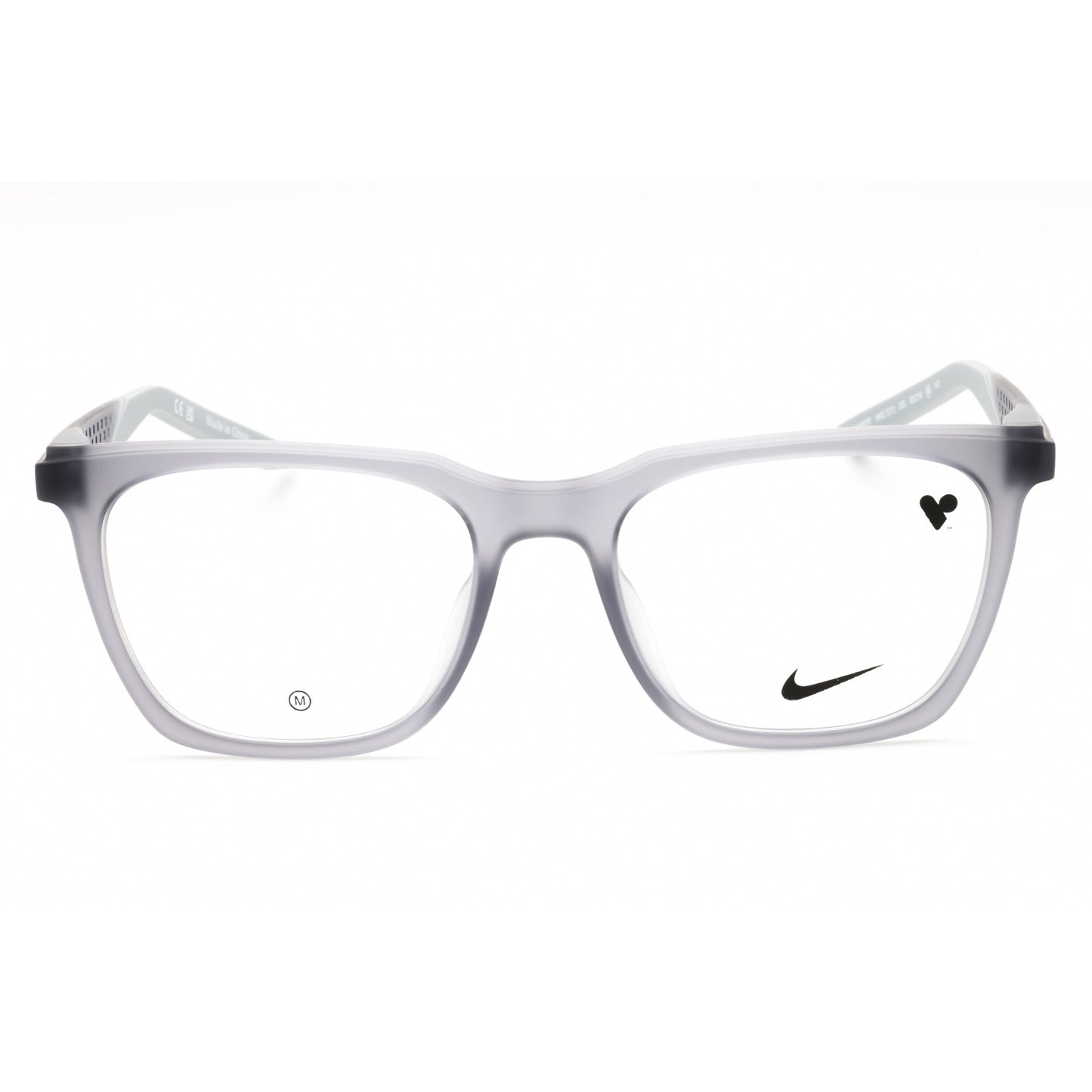 White eyeglasses with a Nike logo on a white background