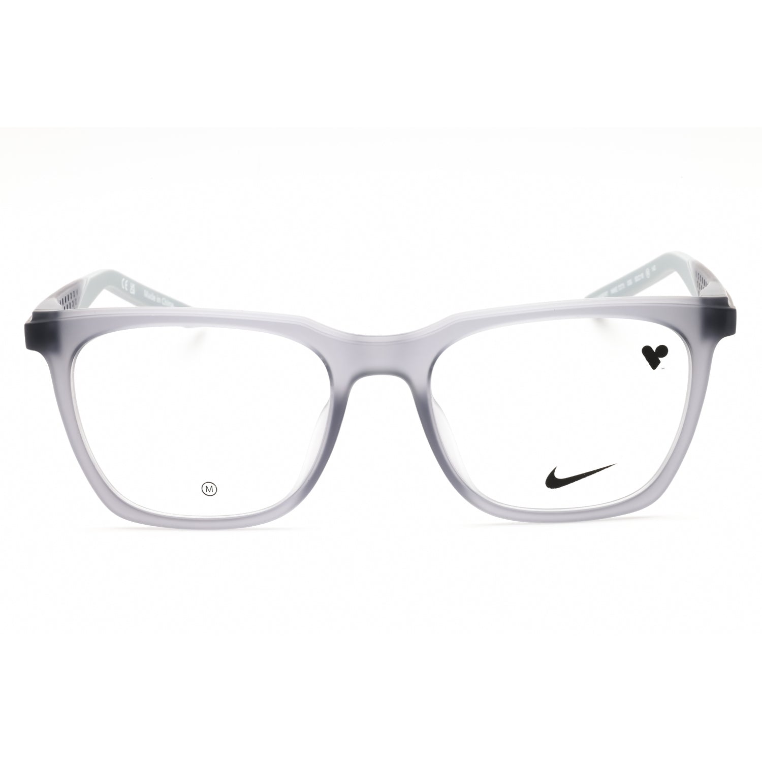 White eyeglasses with a Nike logo on a white background