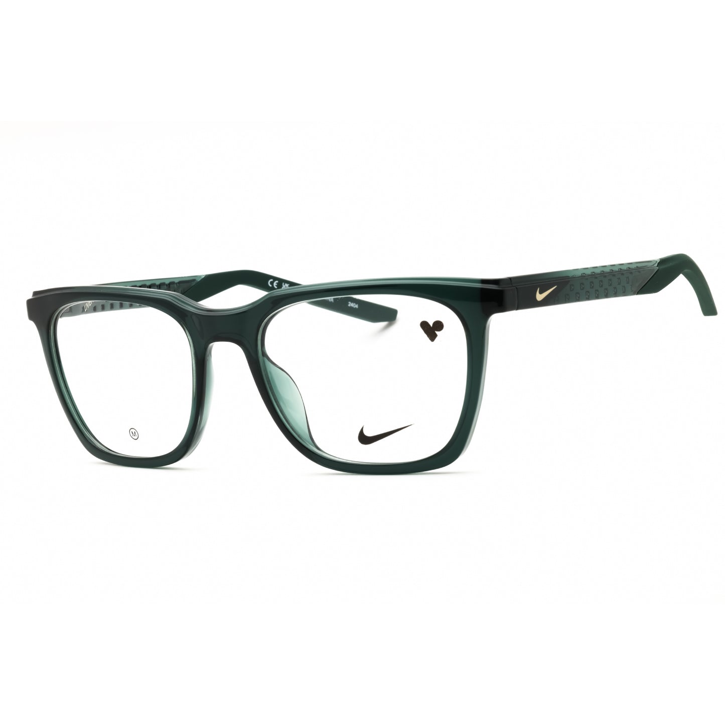 Green eyeglasses with Nike logo on a white background