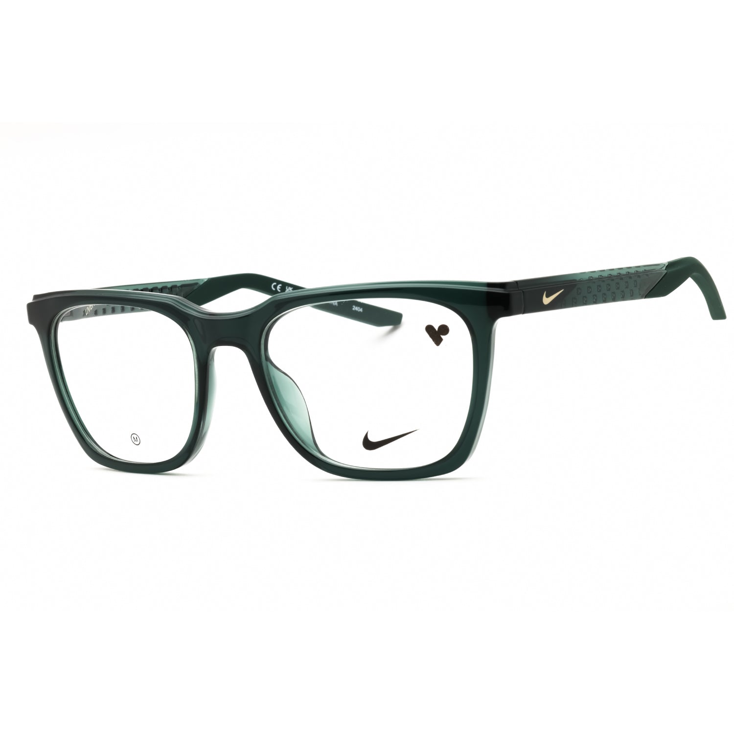 Green eyeglasses with Nike logo on a white background