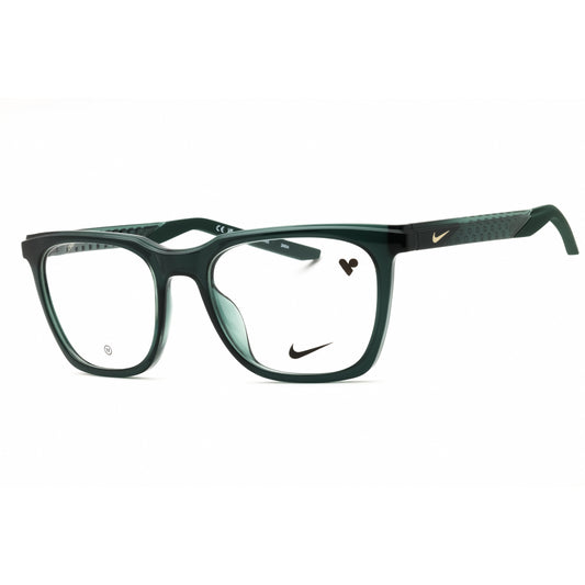 Green eyeglasses with Nike logo on a white background