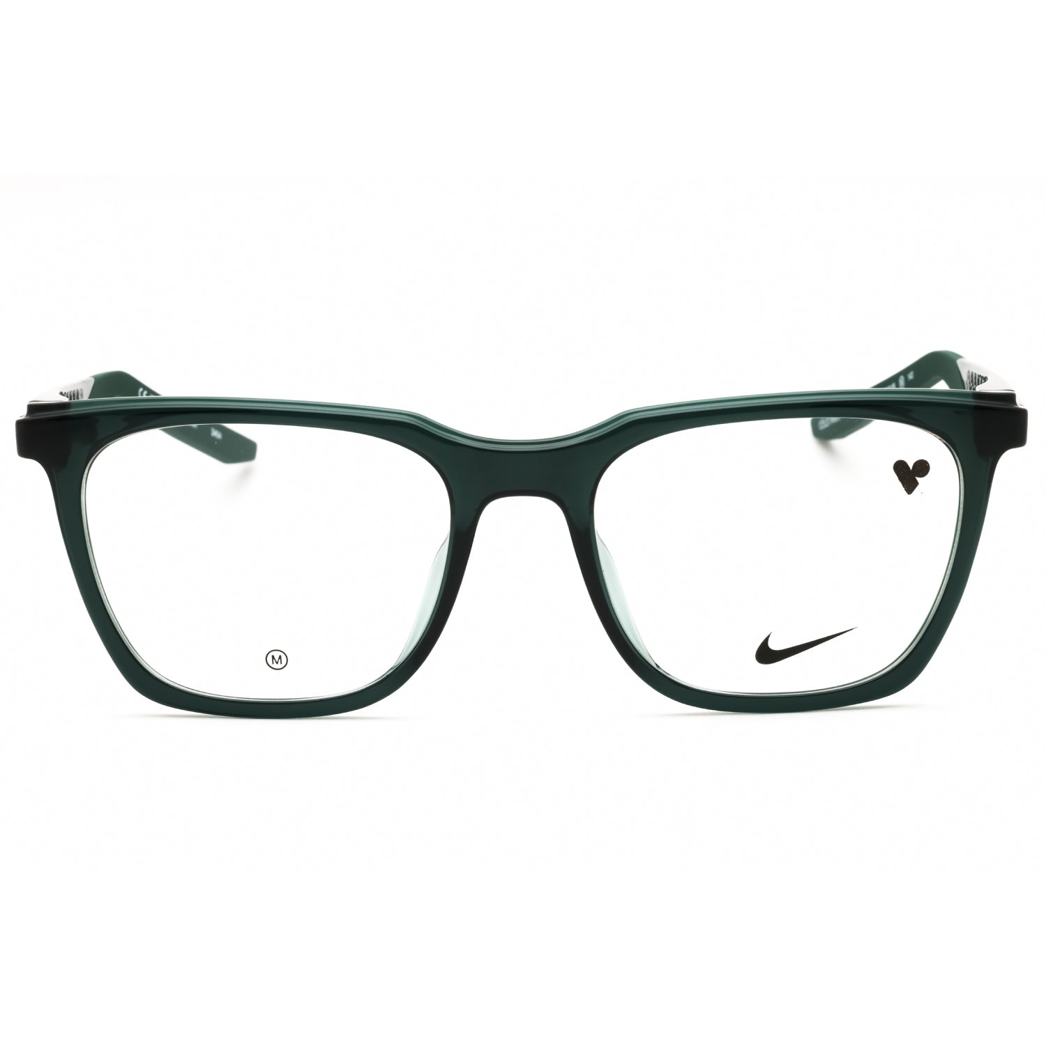 Green eyeglasses with Nike logo on a white background