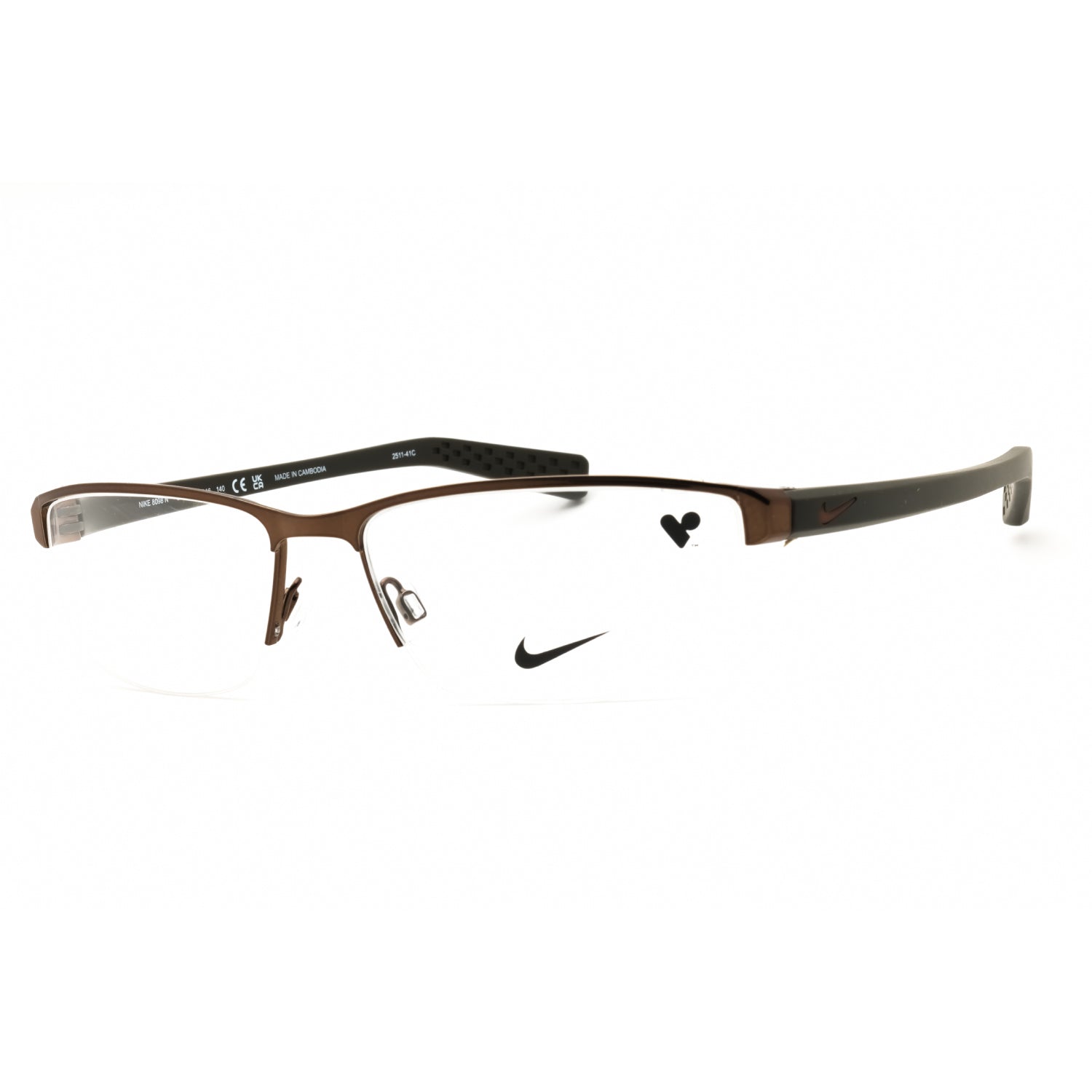 Brown eyeglasses with Nike logo on a white background