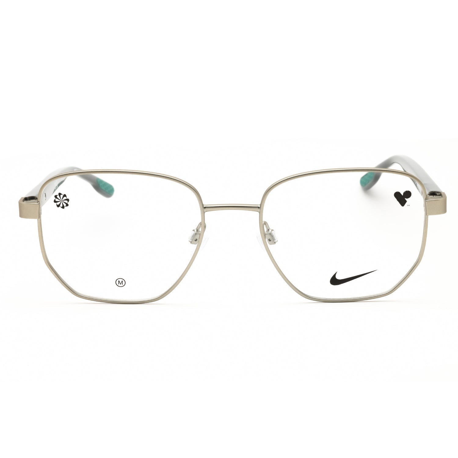 Gold eyeglasses with Nike logo on a white background