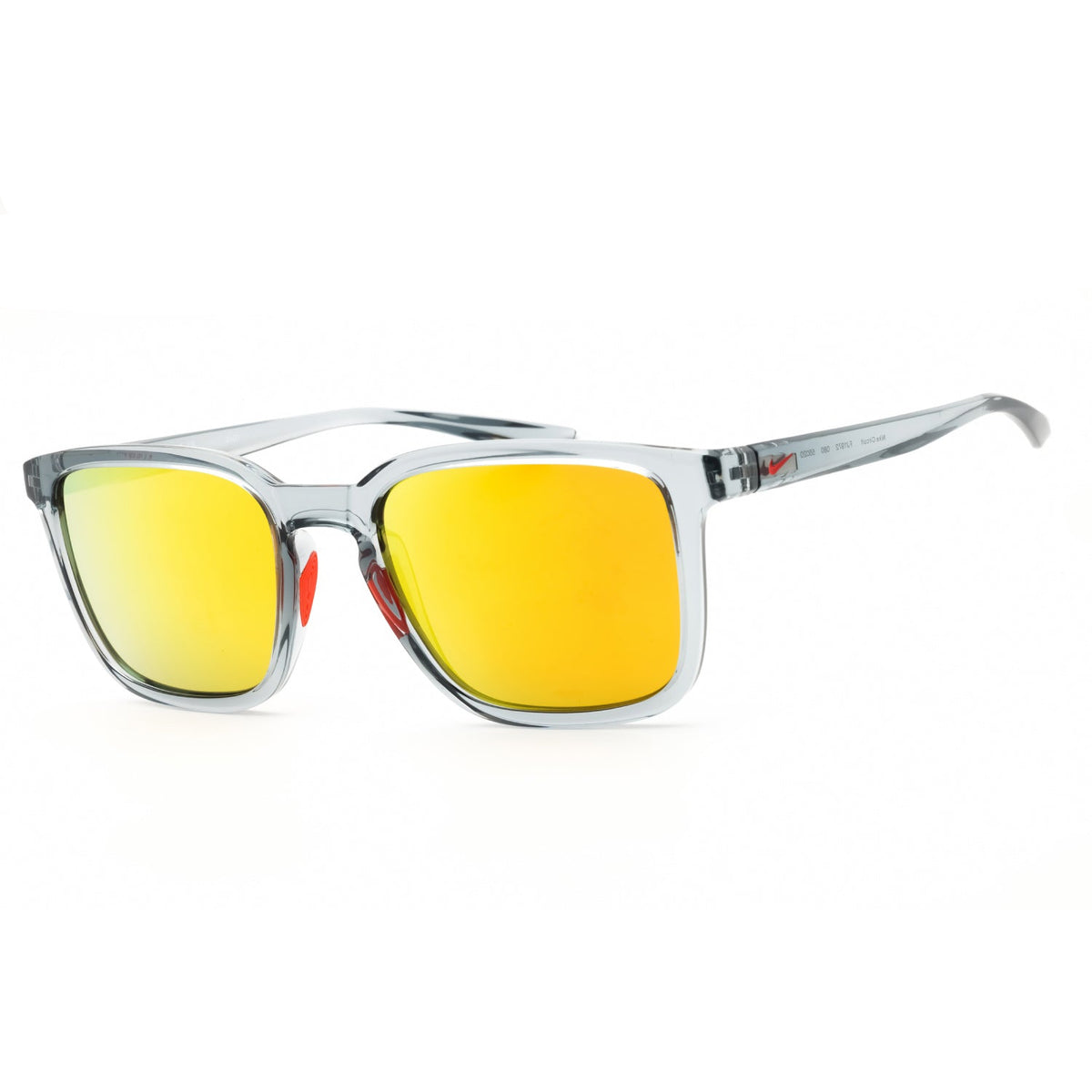 Sunglasses with yellow lenses and clear frame on a white background.