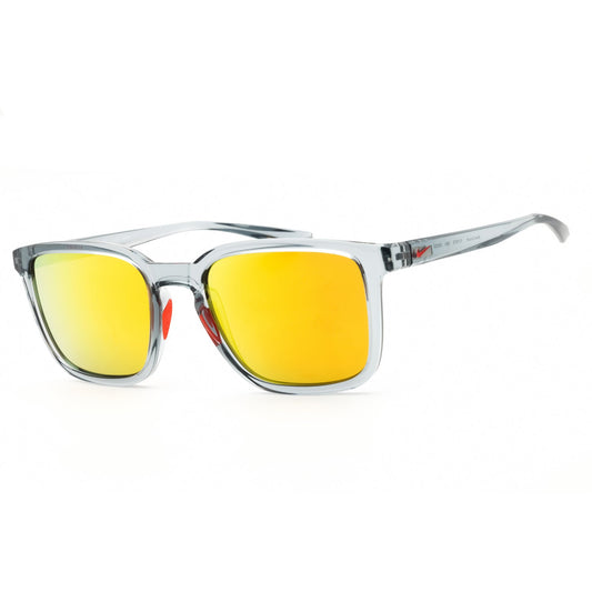 Sunglasses with yellow lenses and clear frame on a white background.