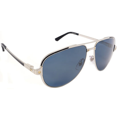 Aviator sunglasses with blue lenses and silver frame on a white background