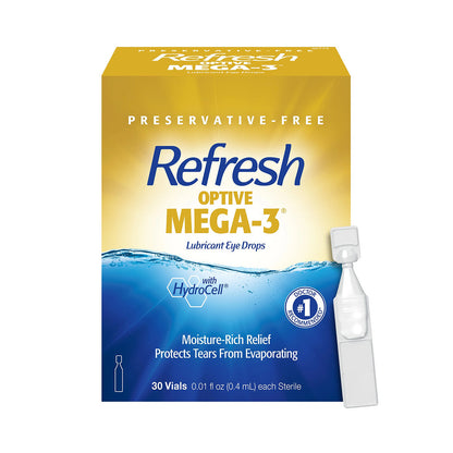 Refresh Optive MEGA-3 Lubricant Eye Drops Preservative-Free Artificial Tears (0.4 mL), 30 Single-Use Container Vials
