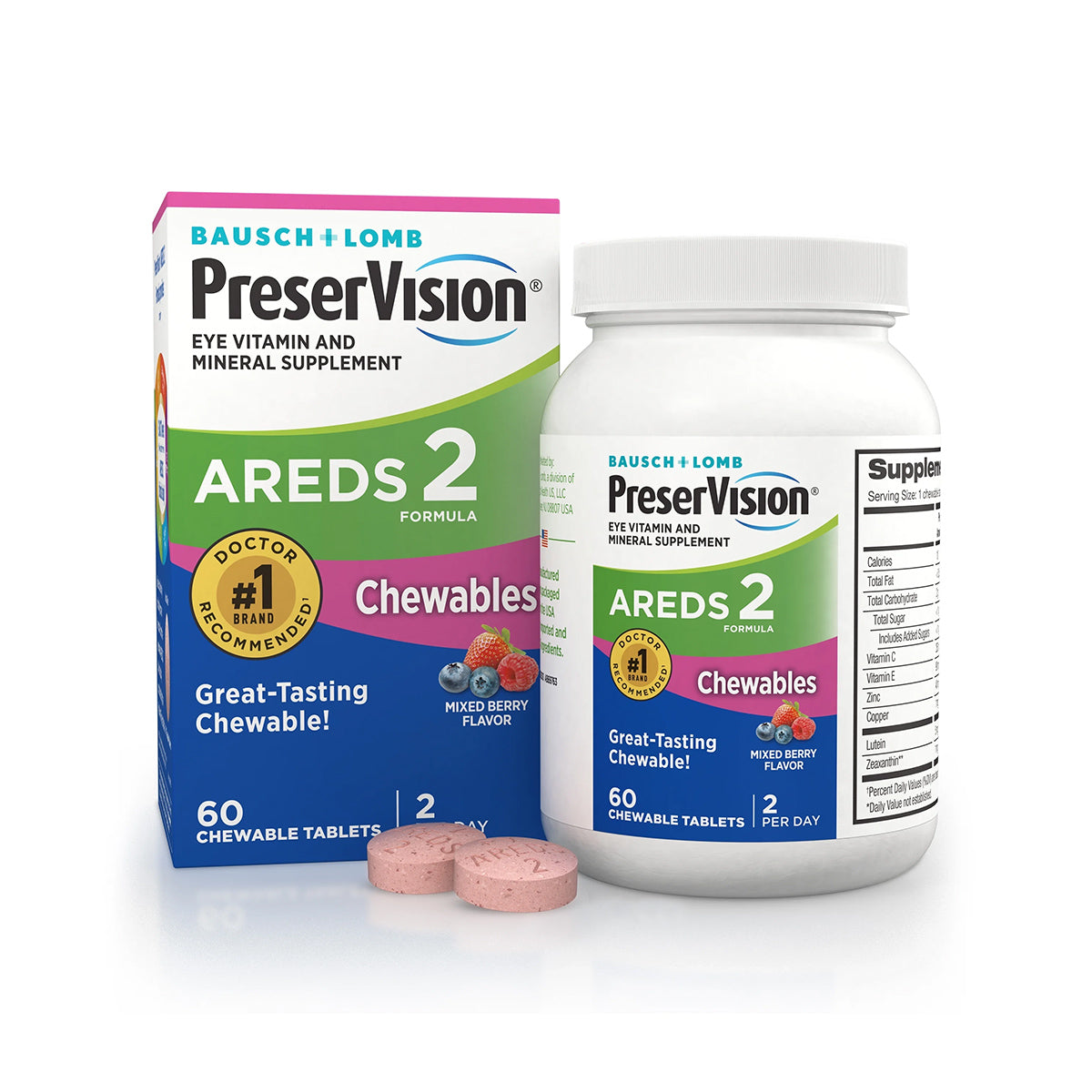 PreserVision® AREDS 2 Chewable Eye Vitamins & Minerals for Macular Health Support, Beta-Carotene Free, 60 Chewable Tablets