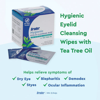 Bruder Hygienic Eyelid Cleansing Wipes with Tea Tree Oil – Gentle Lid & Lash Hygiene, 30 Count