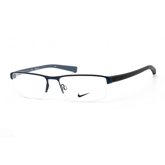 Black eyeglasses with a Nike logo on a white background