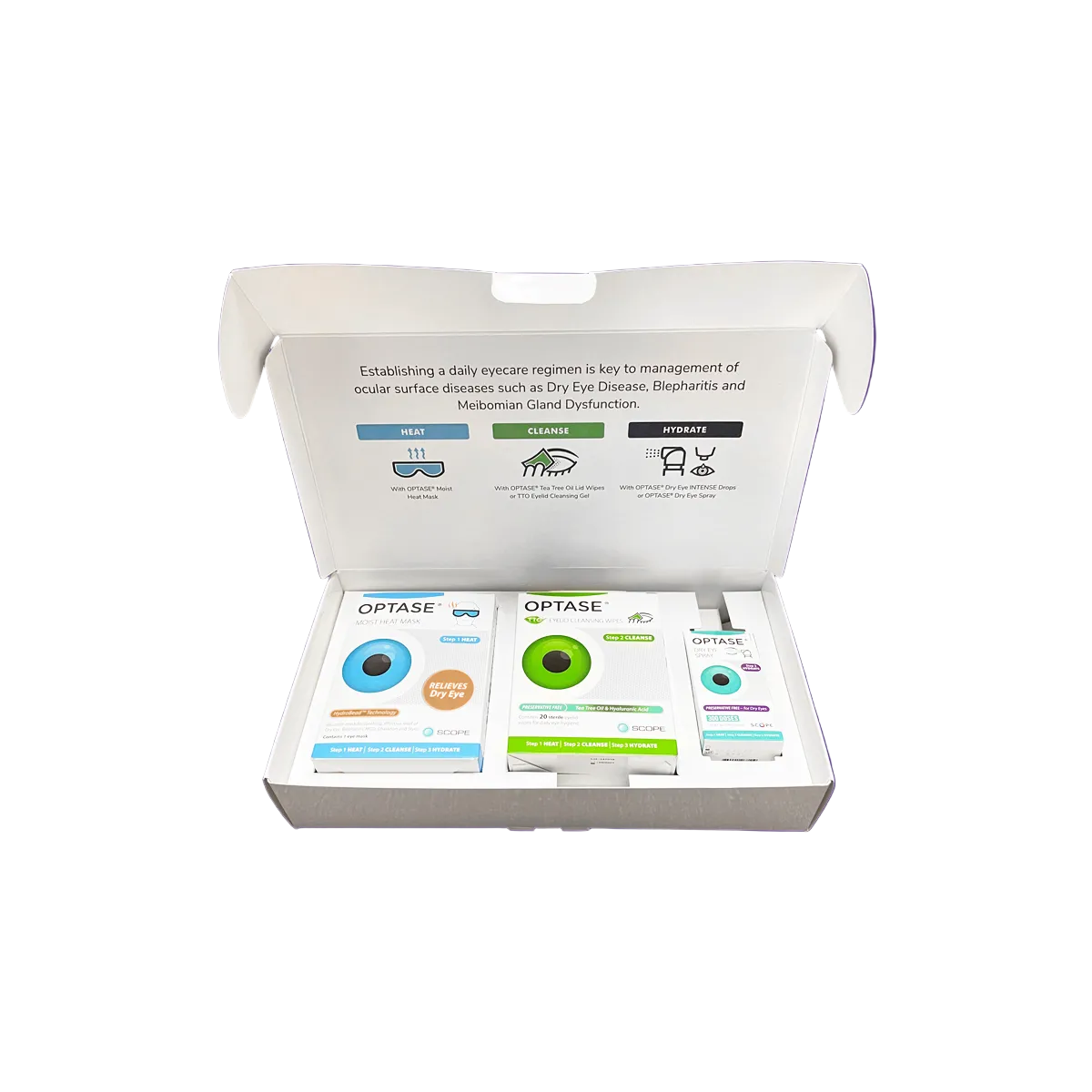 Optase Complete Dry Eye Relief Kit (B) – Reusable Heat Mask, Tea Tree Eyelid Wipes & Lubricant Eye Spray